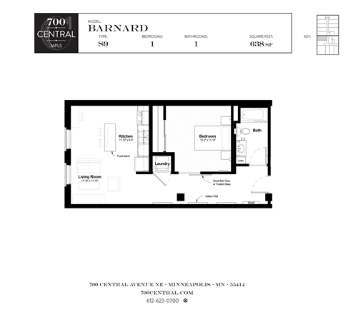 One Bed One Bath Barnard Floorplan  at 700 Central Apartments, Minneapolis, 55414